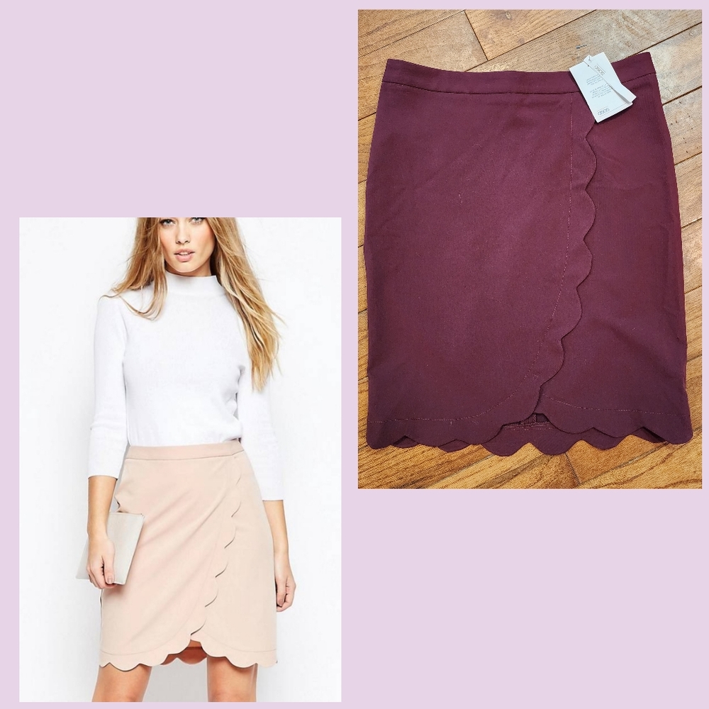 NWT ASOS Womens Straight Skirt Wrap Scallop Wine 4